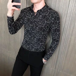 Men Korean Fashion Business Casual Print Button Down Shirt Spring Autumn Handsome Lapel Long Sleeve Slim Tops Camisas De Hombre