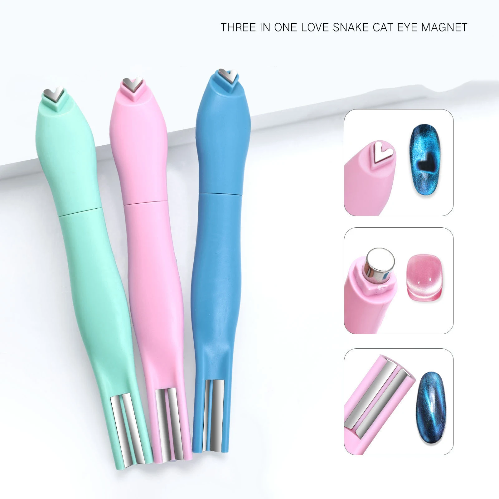 

3 in 1 Cat Eye Effect Double 3D Love Heart Nail Magnet Multifunctional Snake Shapes on Nails French Line Moon Magnetic Nail Tool