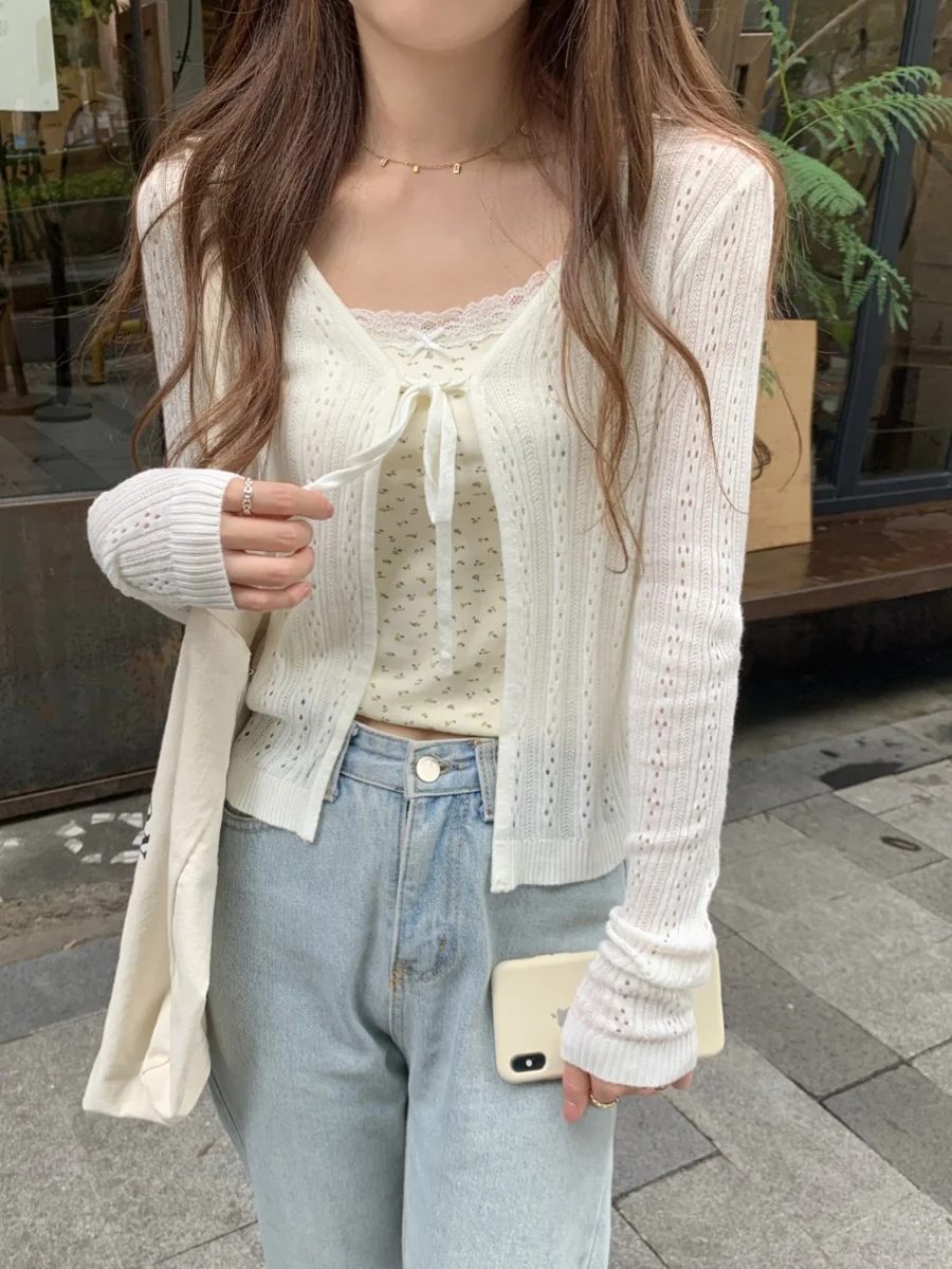 White V-Neck Knitted Cardigan Women's Spring Autumn Short Hollow out Sun Protection Top with Sash Korean Sle Slim Fit