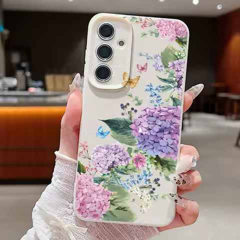 Retro Hydrangea Flower Case For Samsung Galaxy S25 S24 Ultra S23 S22 Plus S21 FE A34 A54 A15 A25 A35 A55 A16 A26 A36 A56 5G Capa
