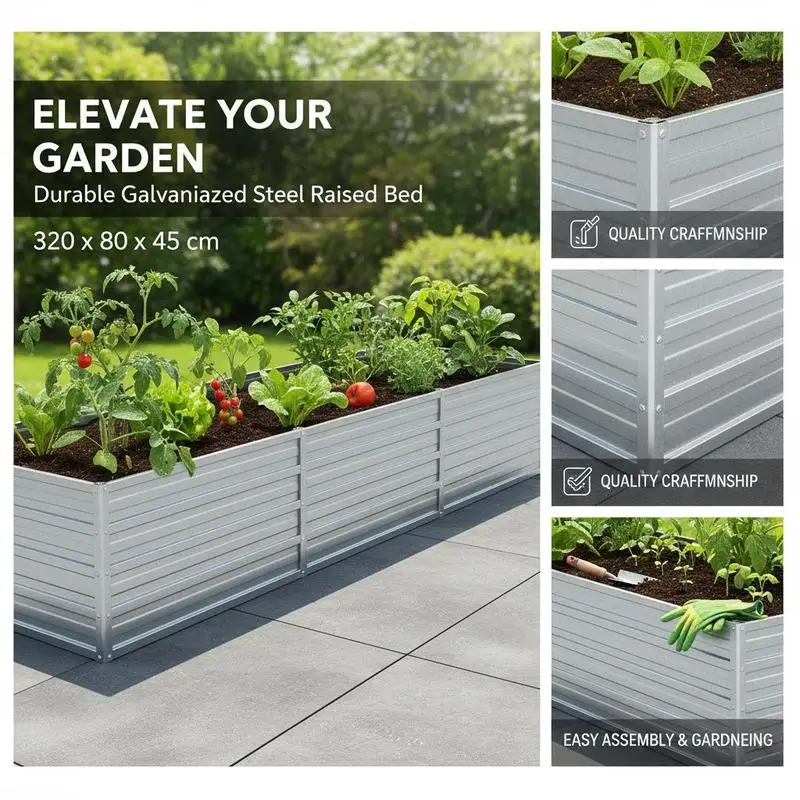 Jardinera Elevada de Acero de 320x80x45 cm Esta moderna maceta está hecha de acero, lo que la hace resistente y duradera. Es adecuado para plantar flores, verduras y cilantro en tu patio o balcón. plata