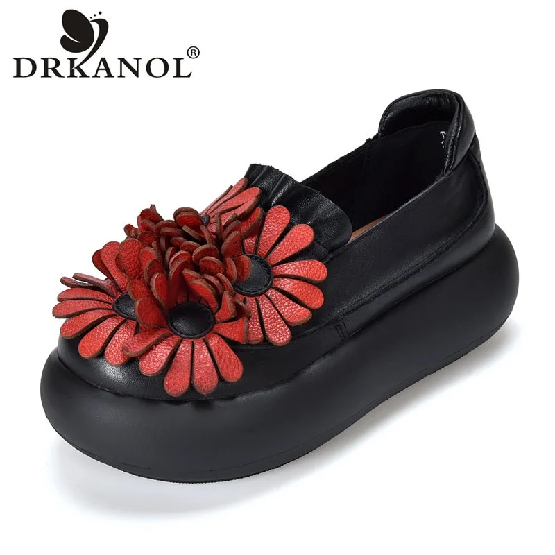 DRKANOL Women Flat Platform Shoes Retro Literary Style Genuine Leather Flowers Slip On  Loafers Thick Sole Casual Shoes Female