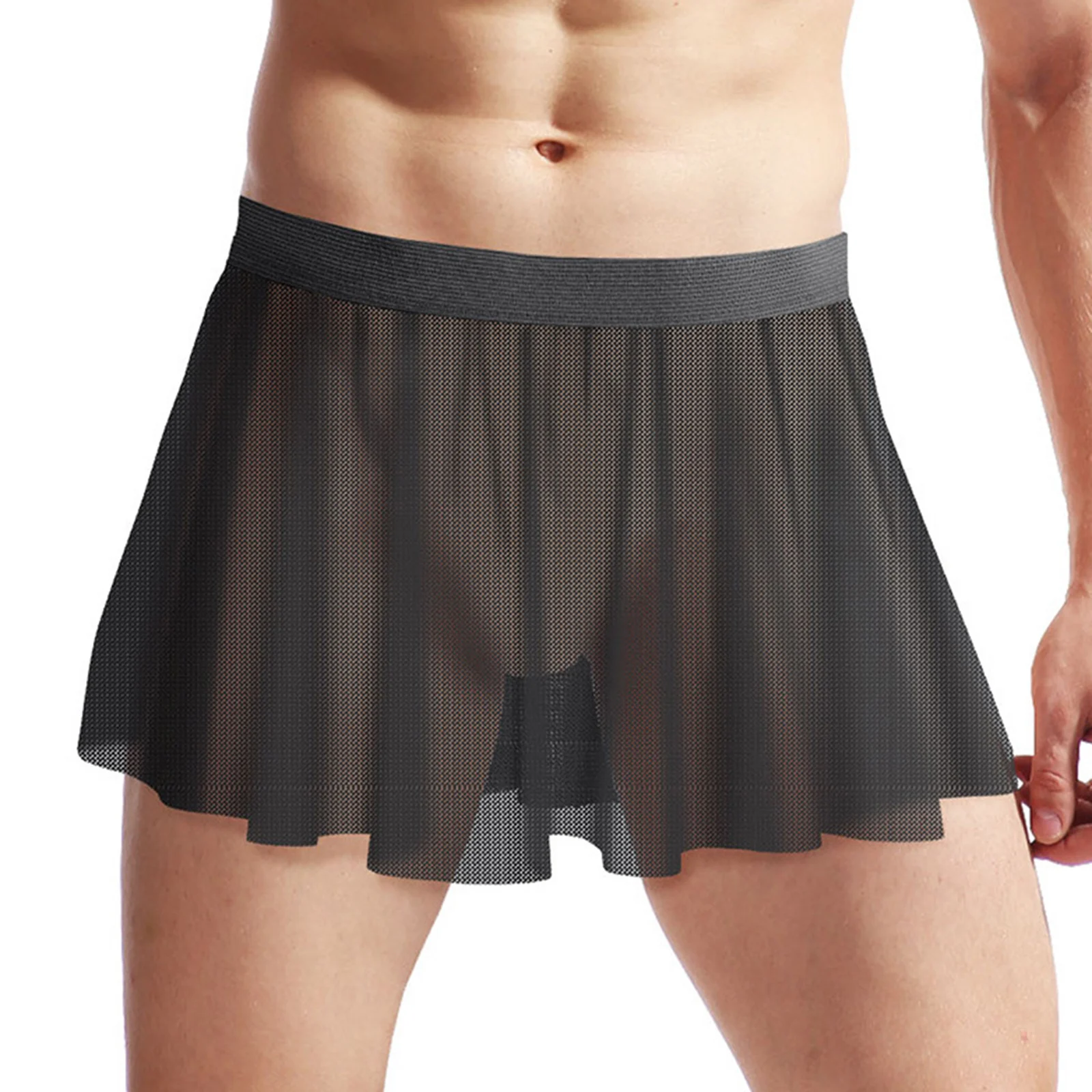 Mens See-Through Mesh Ruffled Skirt Elastic Waistband Sheer Miniskirt Cross-Dresser Nightclub Stage Show Pool Party Costume