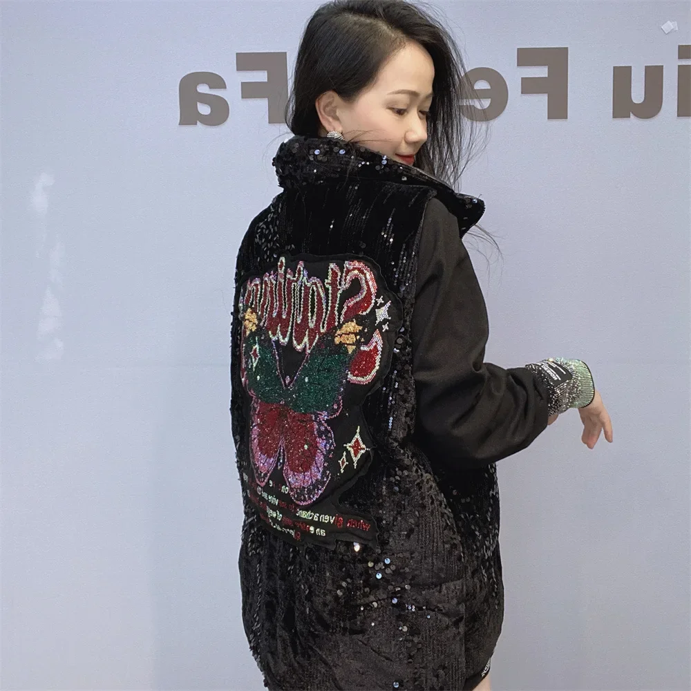 Heavy Sequins Velvet Vest Coat 2024 New Autumn Winter Stand Collar Sleeveless Wadded Jacket Butterfly Hot Drilling Loose Jackets