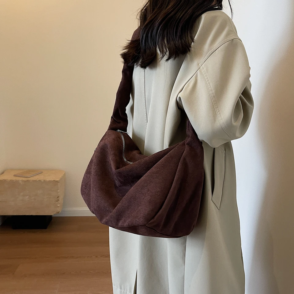 2023 Winter Faux Suede Shoulder Bags For Women Solid Black Female Bags Classic Simple Cloth Handbags Brown Korea Packages