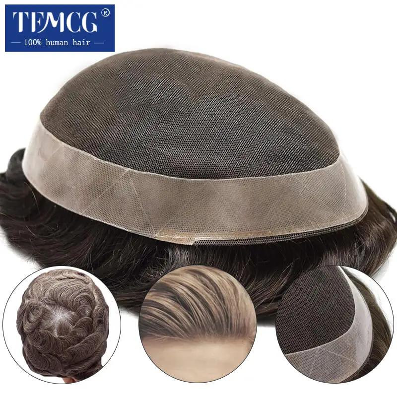 Toupee Men D7-5 Swiss Lace and Soft Poly Around Breathable Man Wig 100% Indian Human Hair Male Hair Prosthesis Wigs For Men