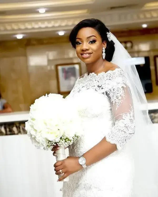 

Customized African Country Weddign Dresses Mermaid Bateau Half Sleeve Sweep Train Bridal Gowns With Lace Applique Plus Size Wedd