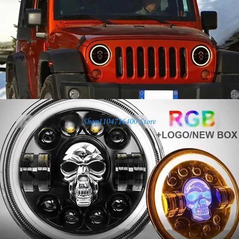 

y1gd Waterproof Car Headlight RGB Led Round Skull Light Floodlight Hi/Lo Beam Light for Wrangler