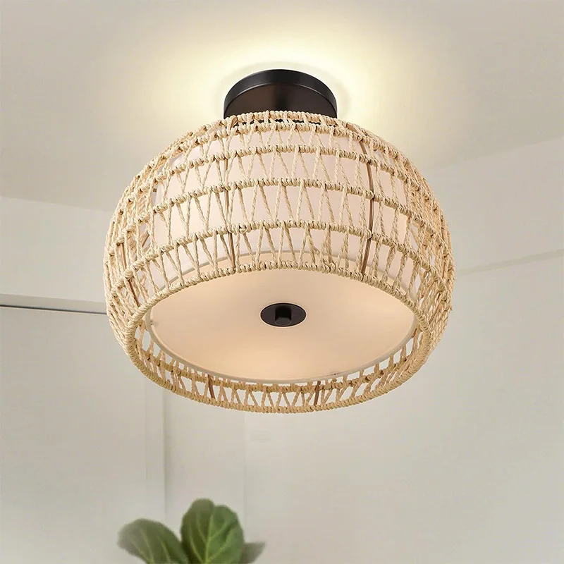 

Home Bamboo Light Ceiling Fixture Bamboo Hand-Woven Light Fixture Retro Rustic Ceiling Lamp Natural Rattan Ceiling light