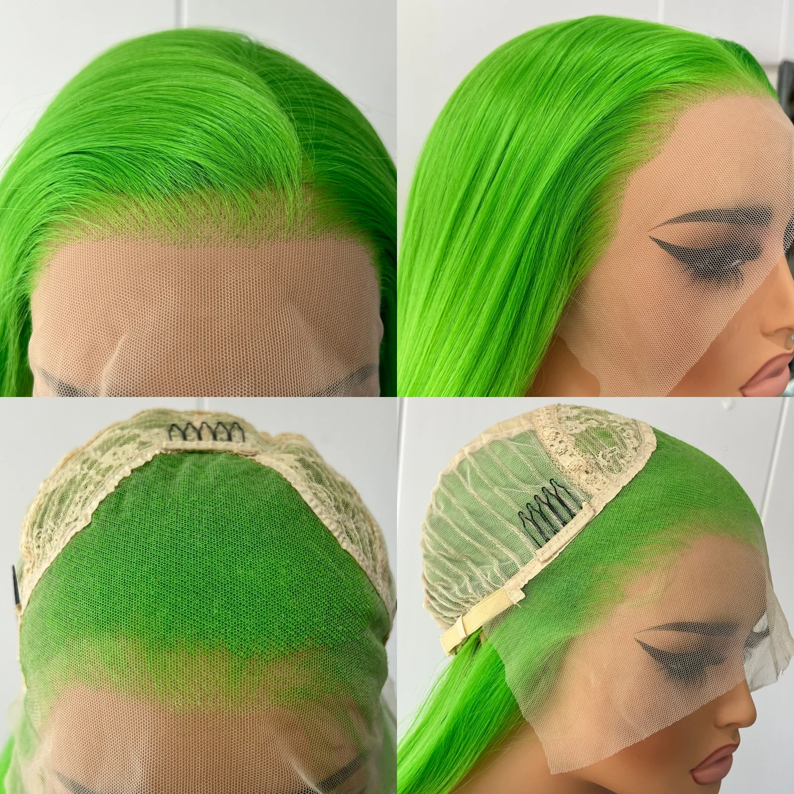 Long Green Wig Silky Straight Synthetic Hair Free Part Lime Green Colored Lace Heat Resistant Fiber Wigs for Women Party Cosplay