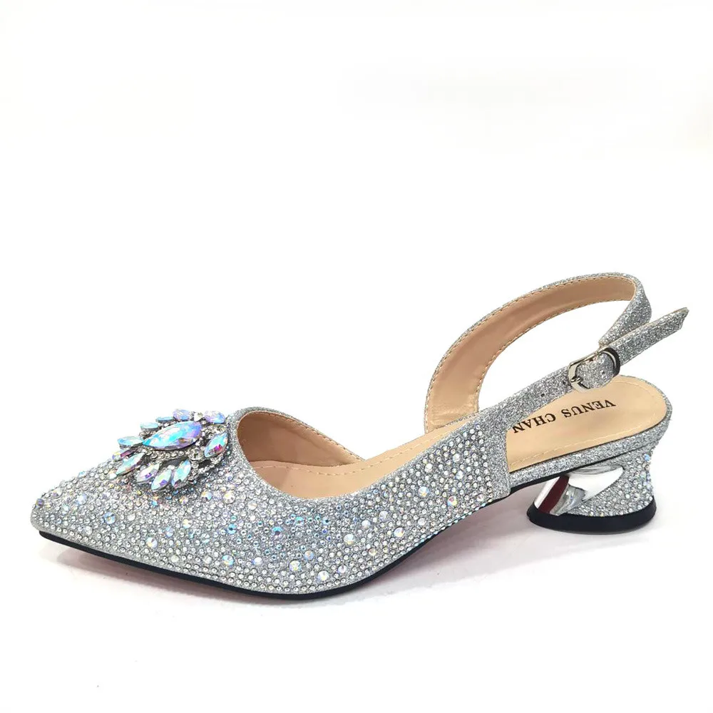 2024 Italian Peep Toe Wedding Sandals Silver Color Summer Pumps for Women High Heels Rhinestone Shoe and Bag Set