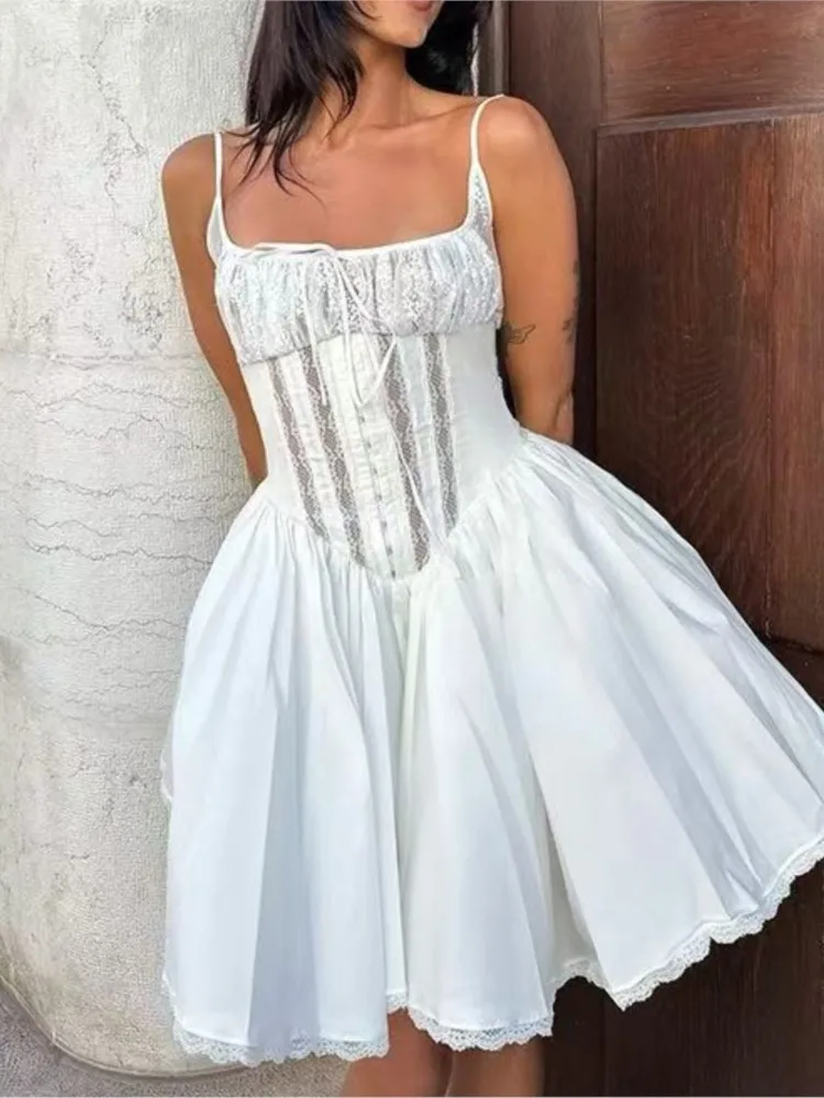 

Elegant Sexy Hollow Lace Dresses For Woman Fashion A-Line Folds Spaghetti Strap Square Collar Ball Gown Dress 2025 Summer New