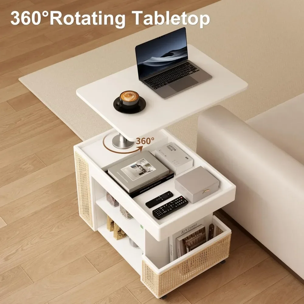 Wood Lift Top Coffee Table With Rolling Wheels, Hidden Storage, 360°Rotating Tabletop|