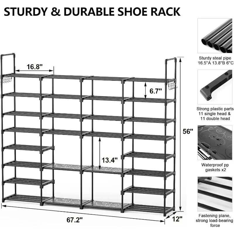 8 ชั้น 4 แถว 72-76 คู่ขนาดใหญ่ชั้นวางรองเท้าโลหะ,Big BOOT Rack จัดเก็บสําหรับโรงรถ,แสดงชั้นวางรองเท้าผู้ถือขาตั้ง