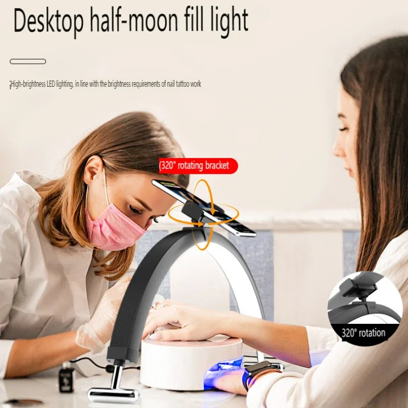 Halve Maan Lamp Met Telefoonhouder Profisionele Schoonheidssalon Manicure Wimper Enten Make-Up Vul Licht Boog Led Nail Tafel Lamp