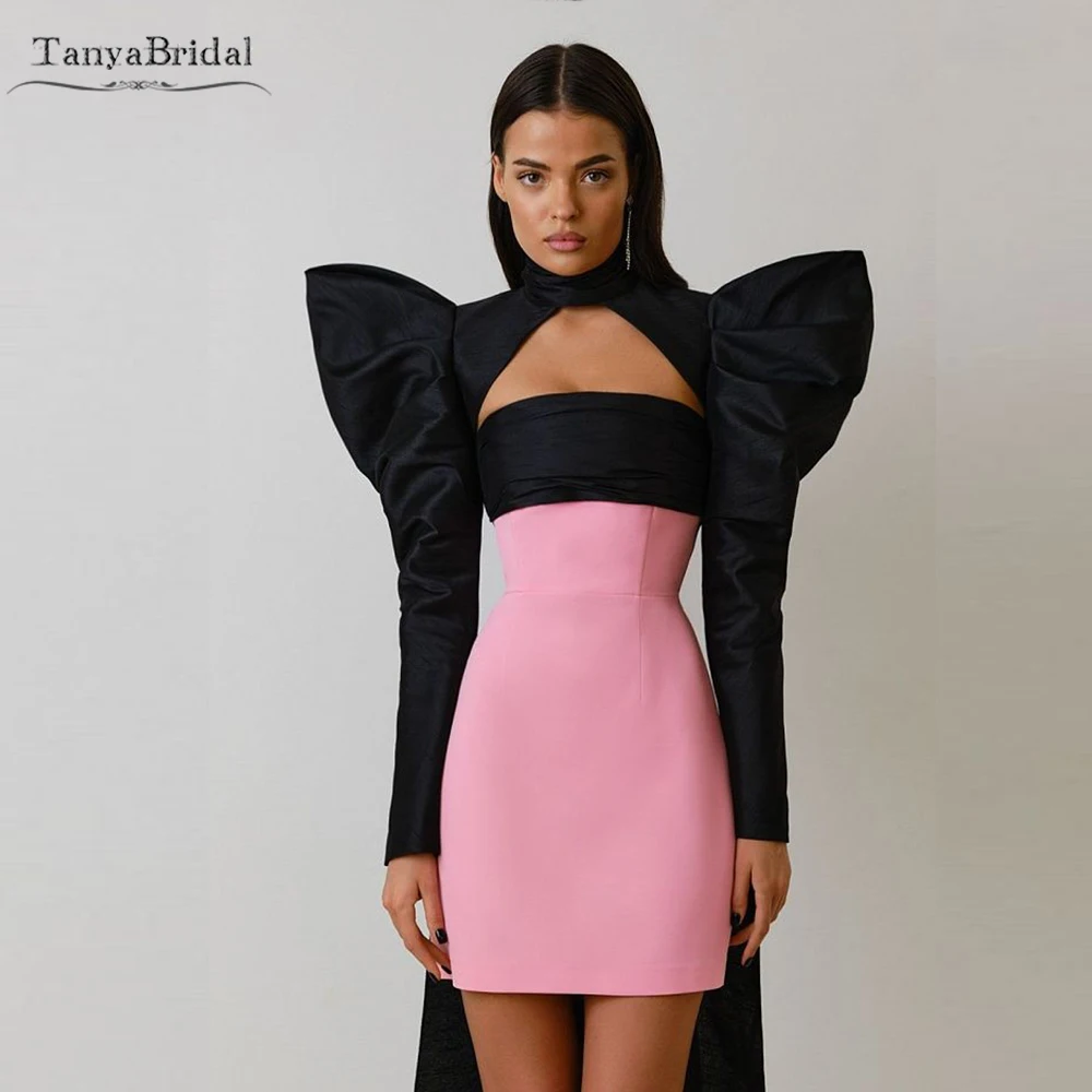 取り外し可能なボレロ付きの黒とピンクのタフタホームカミングドレス。蝶ネクタイ付きの長袖シースフォーマルガウン DE002