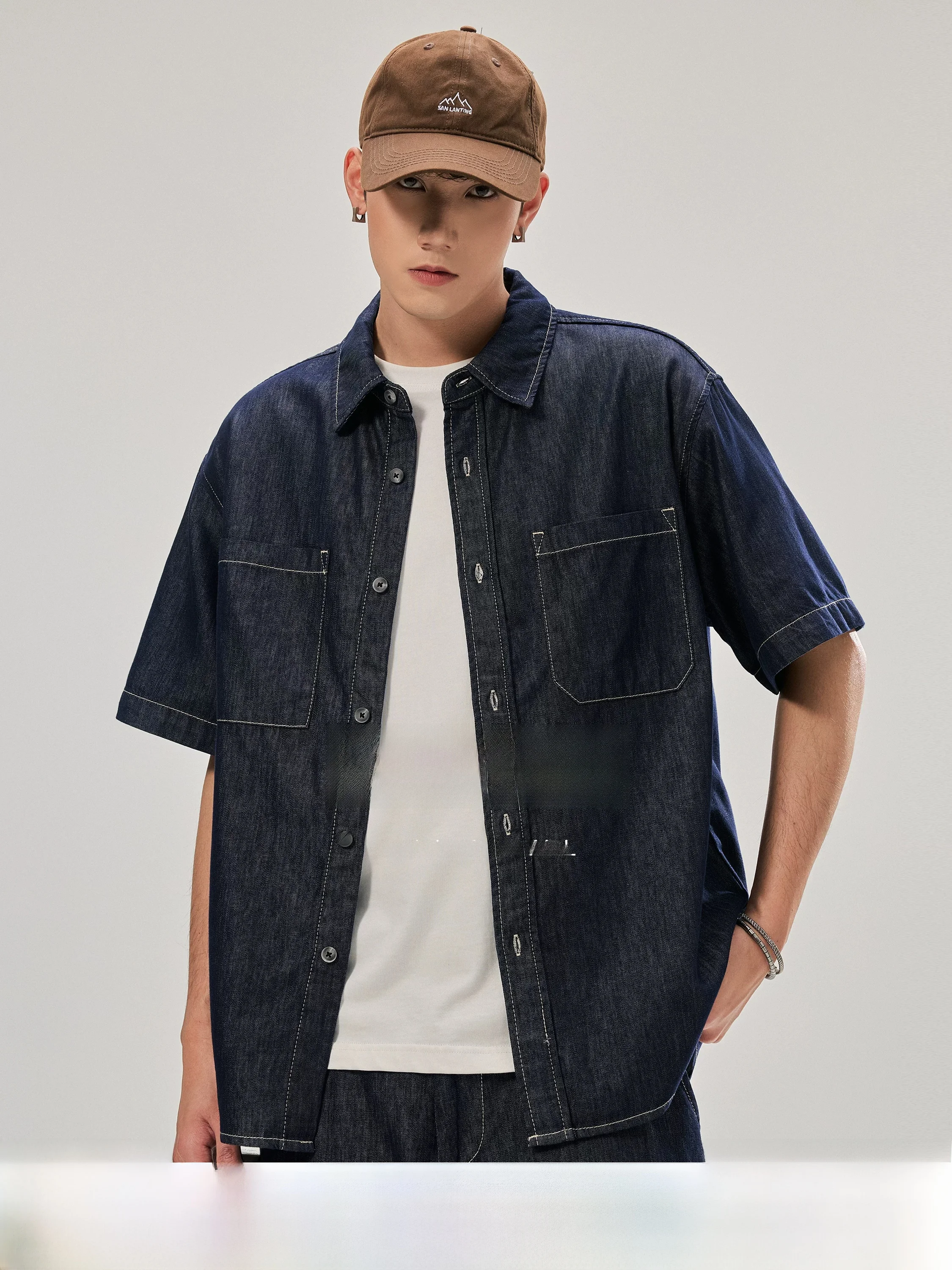 

ALLIN Lysel Lyocell Cool Sensation Denim Short Sleeve Shirt Men Summer Thin Workwear Turn-down Collar Top Coat Citywalk Campu...