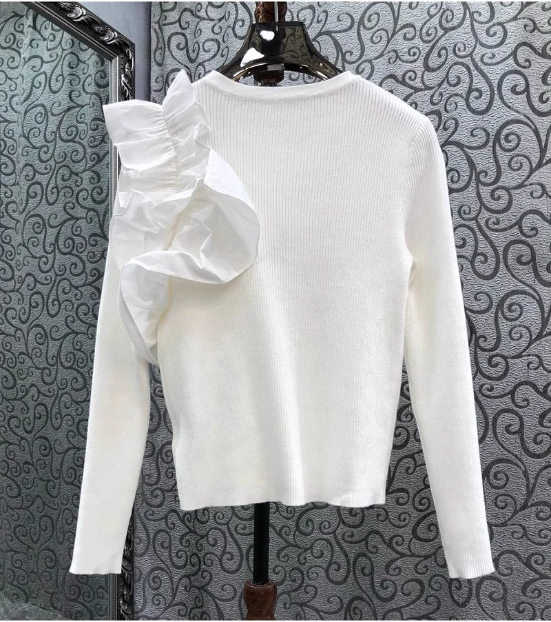 Newest Fashion Sweaters 2024 Autumn Winter Tops Ladies Ruffle Flower Deco Long Sleeve Casual White Black Knitted Jumper Clothing