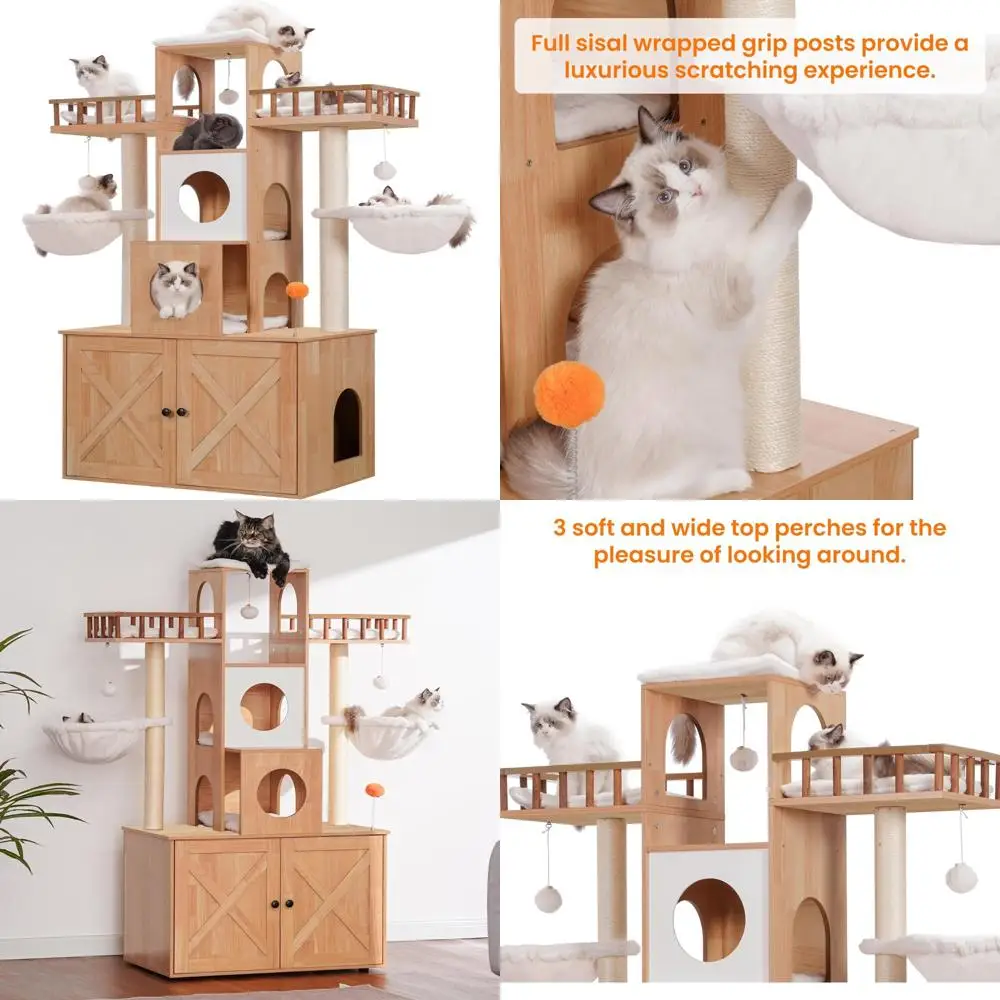 

Sturdy Indoor Cat Tree with Litter Box Enclosure for Large Cats, Heavy-Duty Modern Cat Condo for Cats up to 20lbs
