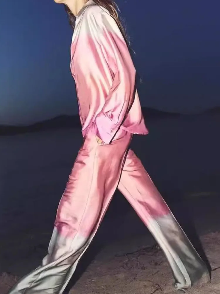 Woman Tie-dye Print Shirt Pants Set V-neck Long Sleeves Satin Shirt High Waist Wide Leg Silken Pants Fall New Female Chic Suit