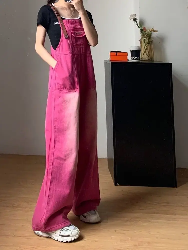 Y2k Pink Baggy Jeans Overalls For Women Wide Leg Pants Rompers Summer 2023 Casual Retro Denim Jumpsuit Trousers Female Playsuits