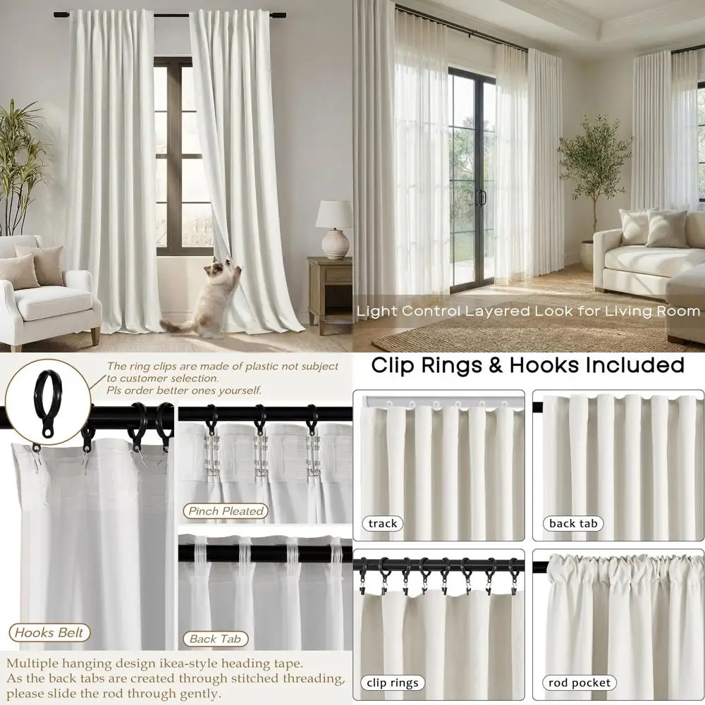 

Кремовые плиссированные льняные шторы блэкаут длиной 105 дюймов для гостиной, комплект из 2 панелей