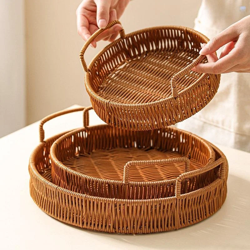 

Rattan Woven Fruit Basket Cake Serving Tray Bread Plate Living Room Tea Snack Tray Home Use round Design Food Safe