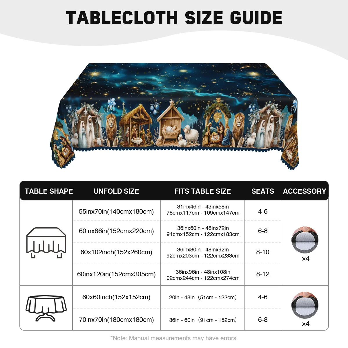 1 piece of Christmas nativity scene starry sky tablecloth - round or rectangular polyester tabletop covering with wavy edges