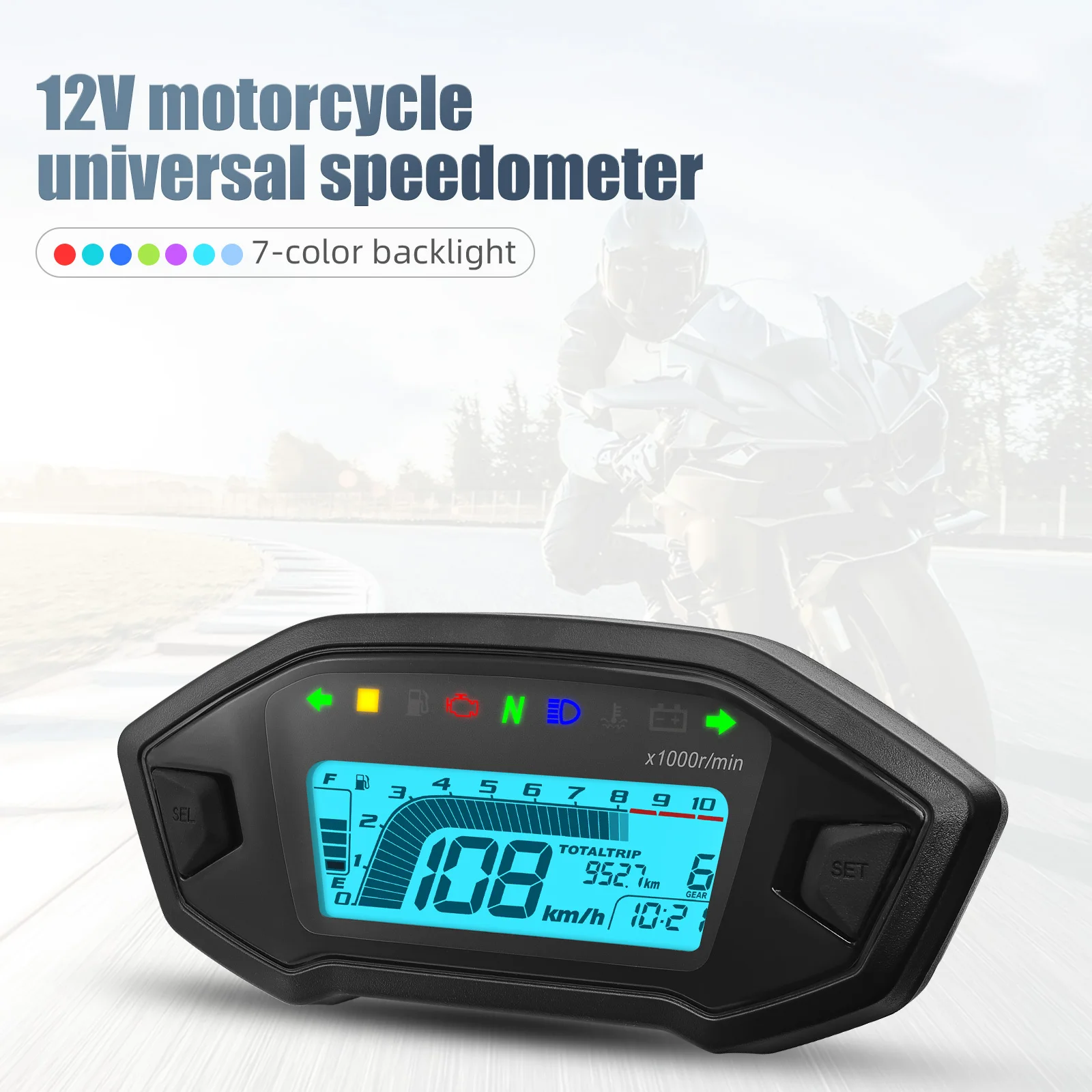 Universal 12V Motorcycle Speedometer Digital Odemeter 10k Tachometer 7 Colors Backlight For Motorcycle 2-4 Cylinders Speed Meter