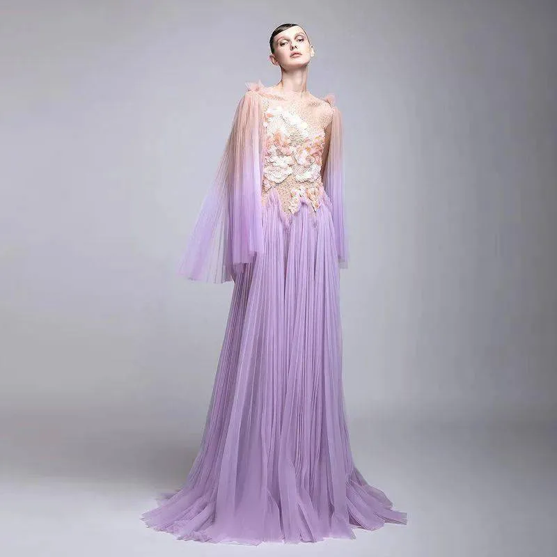 Vintage Tulle Long Sleeve Evening Party Dresses Beaded Prom Gowns 3D Floral Goddess Style Maxi Dress Lilac Sheer Luxury