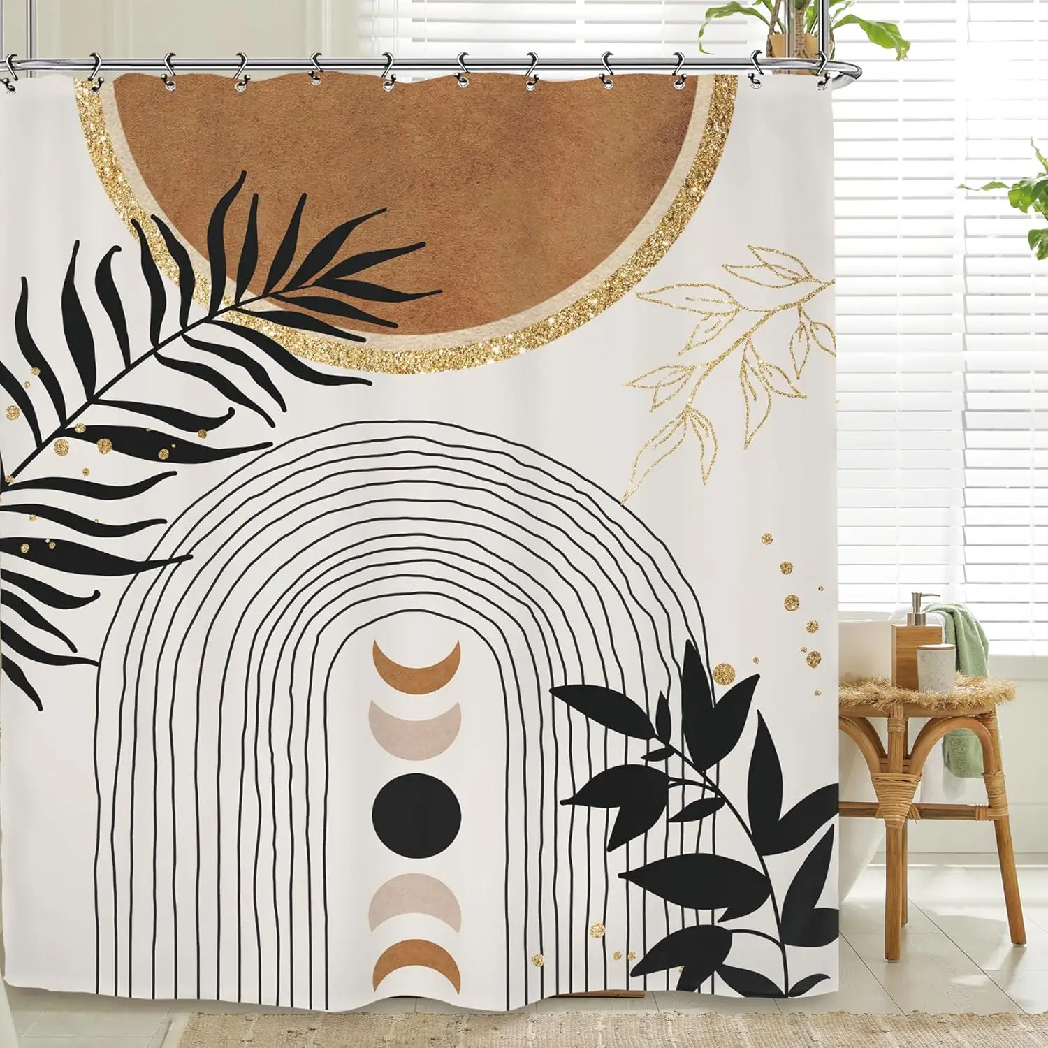 

Абстрактная занавеска для душа с фазой Луны середины века, современный минималистичный нейтральный декор с листьями растений