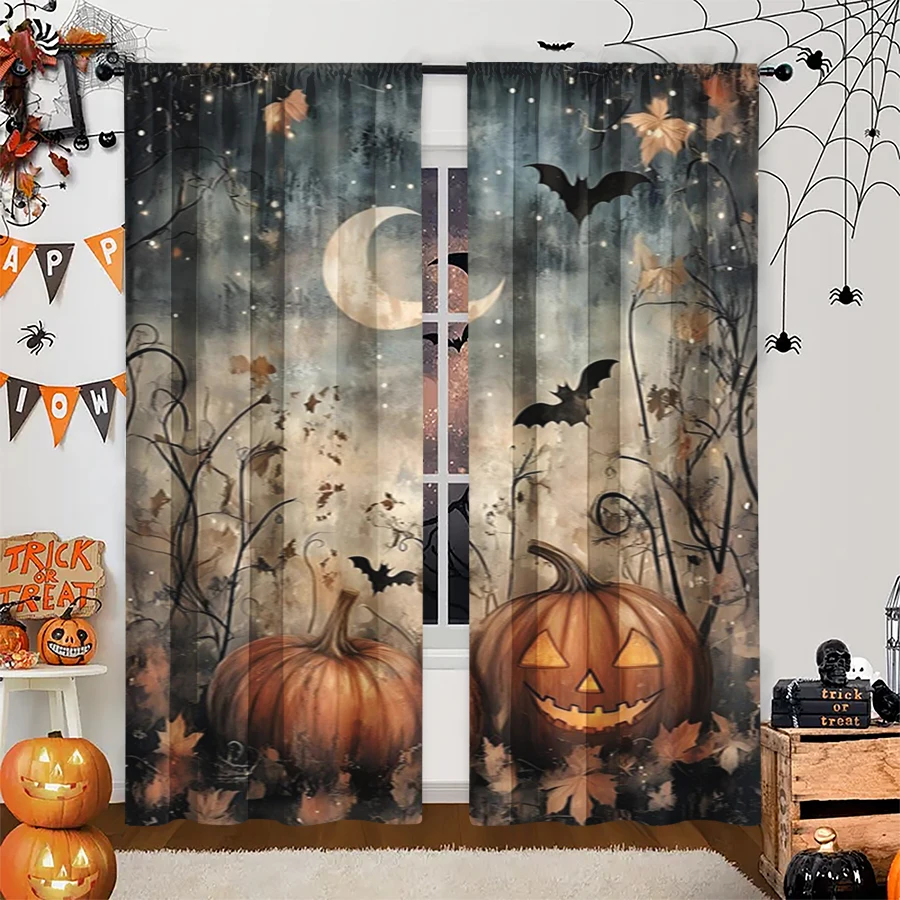 2PCS Digital Print Curtain, Misty Pumpkins Bats Crescent Moon, Grey Foggy Halloween Spooky Style for Living Room Bedroom Decor