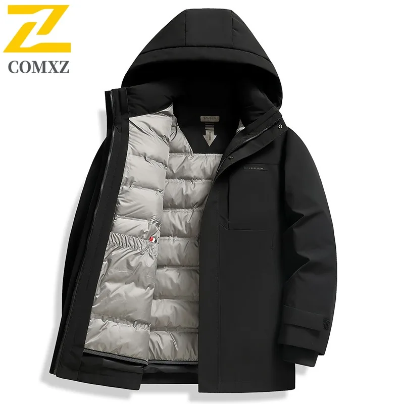 COMXZ Premium Mens Short Down Jacket Detachable Hooded Outdoor Adventure Windproof Parka Fashion Camping Warm Autumn Winter Coat