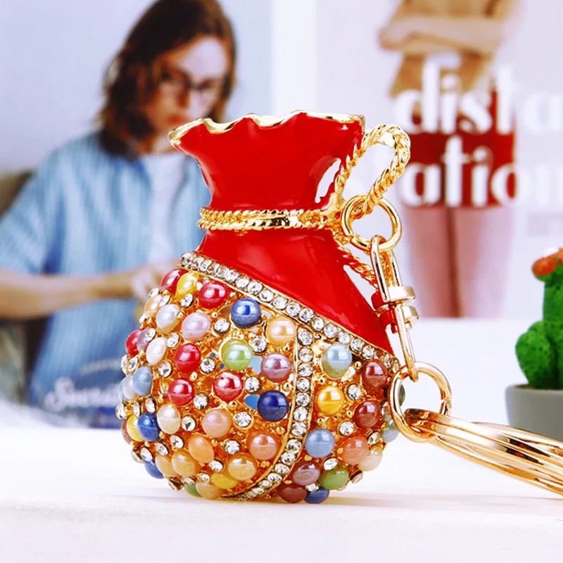 Creative Rhinestones Red Lucky Money Bag Keychain Trendy Jewelry Fashion Opal Keyring Bag Car Keys Decoration Accessories