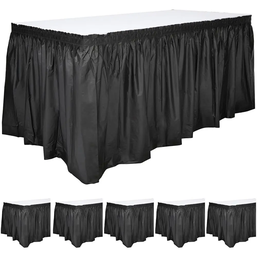 

Пластиковая скатерть-юбка для стола - 29 дюймов x 14 футов, черная, набор из 6 штук, с рюшами - одноразовая прямоугольная скатерть-юбка для праздничного стола с клейкой лентой