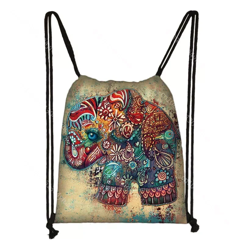 Pintura a óleo colorida elefante Drawstring bolsa de armazenamento, saco multifuncional, dty saco para viagens, atividade ao ar livre, menina mochila