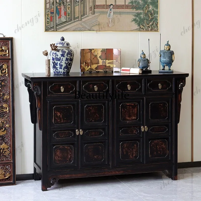 03 Antique Solid Wood Entrance Cabinet Black Lacquer Old Meal Preparation Cabinet Tea Room Homestay Foyer End View Locker