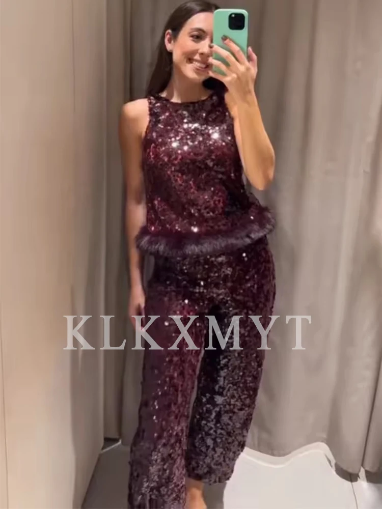 Vrouwen Pailletten Set 2025, Vrouwen Nieuwe Mode Mouwloze Backless Korte Top + Leisure Broek Tweedelige Set Vrouwen Elegant pak