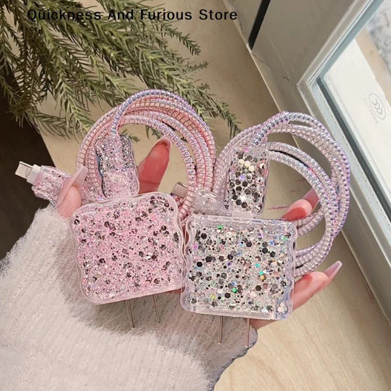 

Y2K Kawaii милый блестящий розовый 18 Вт/20 Вт зарядное устройство для телефона USB-кабель намотка защитный чехол протектор мягкий ТПУ для IPhone 13 14 15