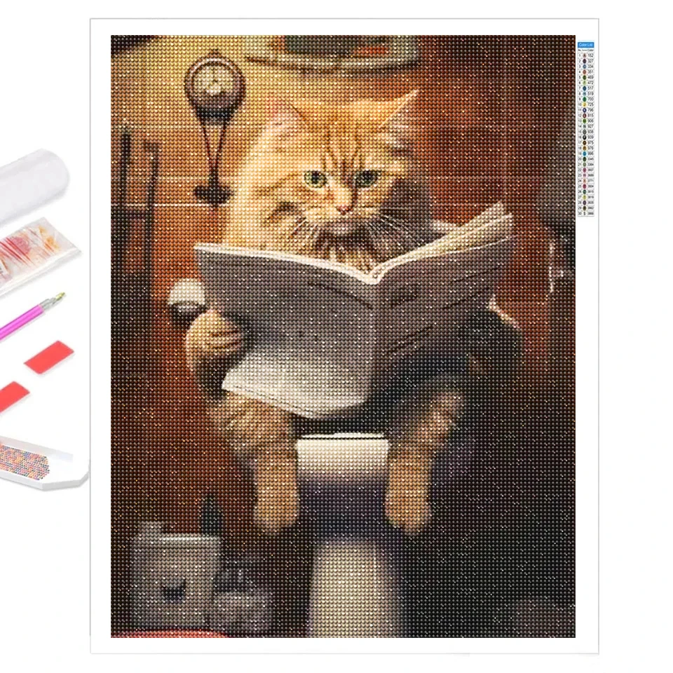 Cat Diamond Painting Toilet Reading Newspapers 5D Diy Full Mosaic Arts Rhinestone Embroidery Picture Animals Wall Decor Gift