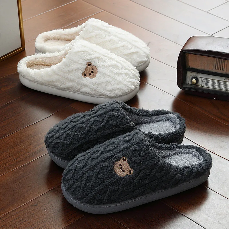 New Home Slippers Striped Design Women Winter Soft Sole Anti Slip Cotton Shoes Men Indoor Warm Plush Slides Bedroom Fluffy Flats