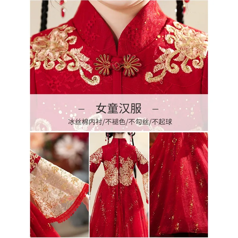 Ropa de Año Nuevo Chino rojo para niñas, traje Tang de invierno, Cheongsam, vestido de flores para niñas, disfraz Hanfu de princesa antigua para niños