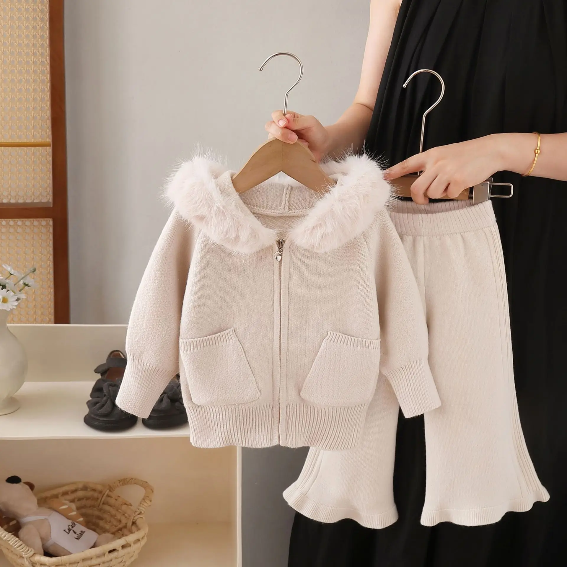 Autumn Winter Toddler Girl Clothes Set Faux Fur 2 Piece Hooded Sweater & Wide Leg Pants Knit Suits Casual Cozy Kids Clothing