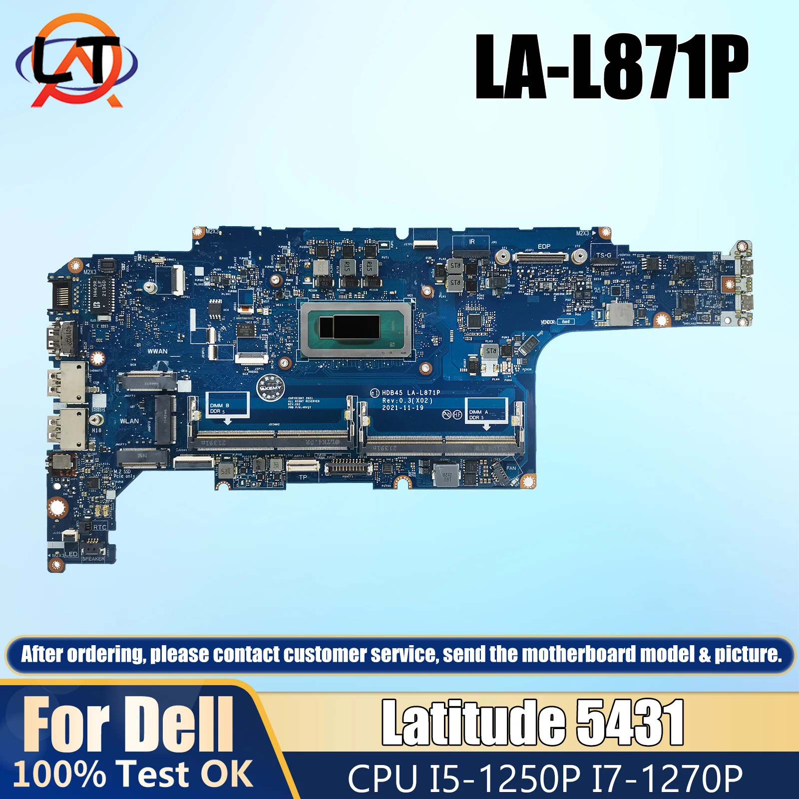 

LA-L871P For Dell Latitude 5431 Laptop motherboard with I5-1250P I7-1270P CPU CN-0096H8 01DFGR Test