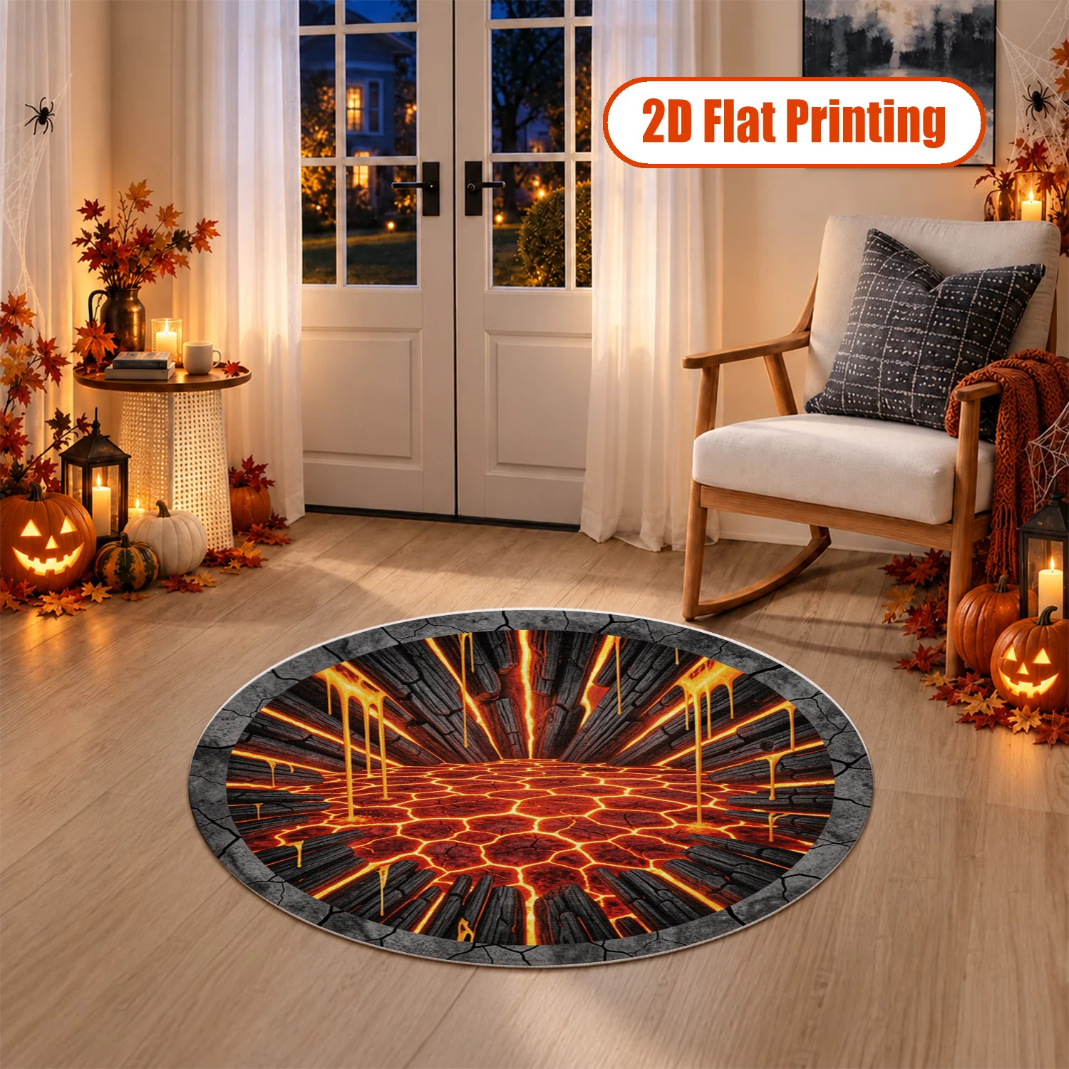 Lava Cracked 3D Pattern Round Velvet Rug, Machine Washable, Suitable for Living Room, Bedroom, Office, Entryway Floor Decor, Ideal for Halloween, Thanksgiving, Black Friday, Christmas, New Year Home Decoration