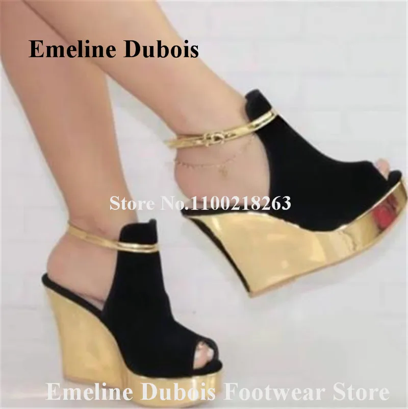 

Gold High Platform Wedges Emeline Dubois Western Style Peep Toe Black Suede Patchwork Wedge Pumps Sexy Party Dress Heels