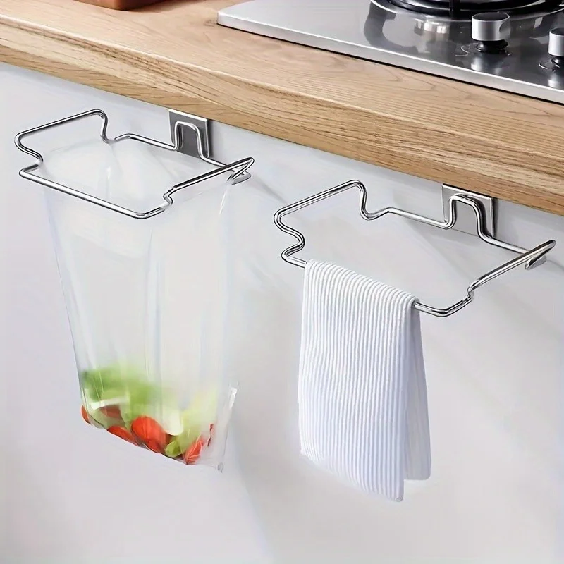 1Pc Stainless steel kitchen garbage rack: household wall mounted plastic bag storage rack, kitchen storage daily essential tools