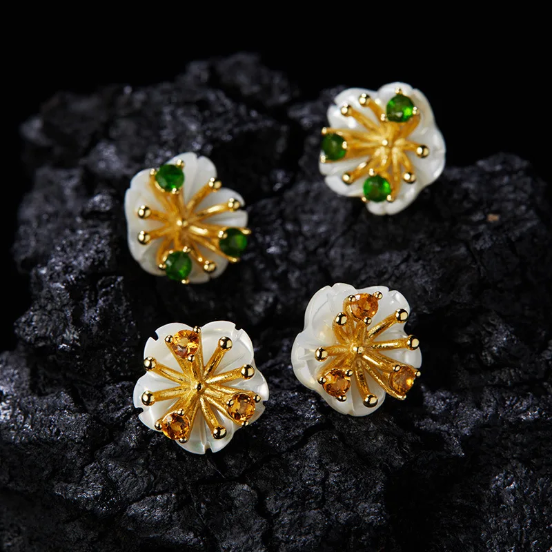 

S925Pure Silver Natural Yellow Crystal Diaspore Gemstone Earrings for Women, Unique Trendy High-end Flower Style Drop Earrings