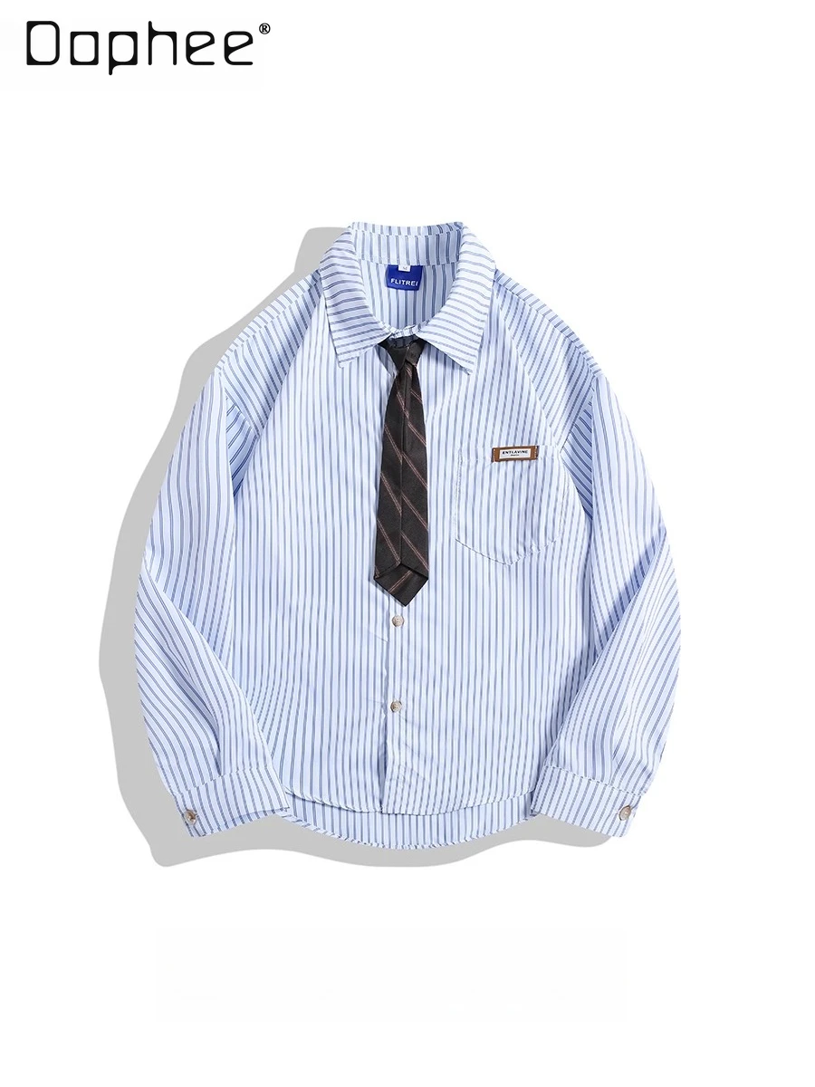 2025 Spring and Autumn Men's Vertical Striped Tie Blue Long Sleeve Shirt Casual College Style Green Brown Shirt