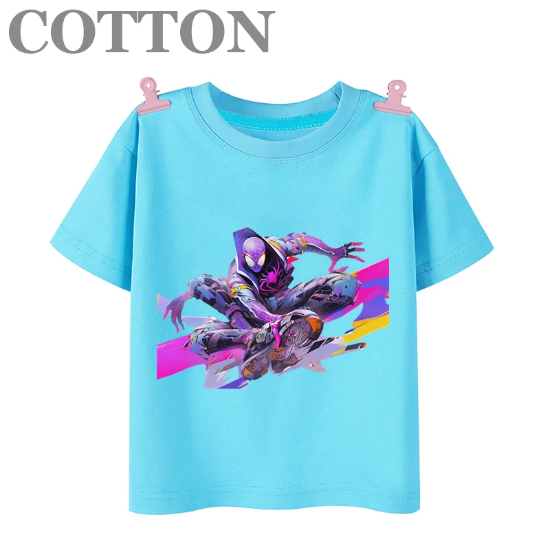 Disney Anime Spider Man and Gwen Stacy Cotton Summer Fashion Children's Cartoon T-shirt Casual Round Neck Short Sleeve Print